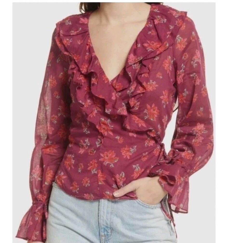 Free People Amanda Ruffle Top Sultry Combo floral wrap blouse size XS new Cotton